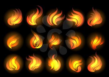 Set of fire flames drawn in cartoon style. Vector Illustration.