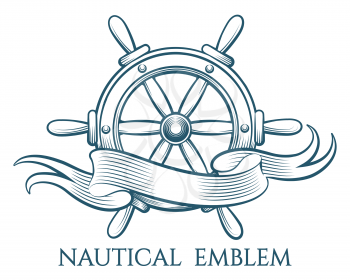 Engraving style tattoo of ship steering wheel and Blank ribbon. Vector illustration.