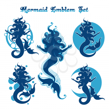 Set of blue mermaid silhouettes. Swimming Mermaids design isolated on white background. Vector illustration.
