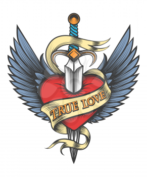Heart with wings pierced by dagger and ribbon with lettering True Love drawn in tattoo style. Vector illustartion 