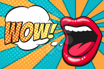 Female mouth with speach bubble. Wow and female lips in pop art style for advertising or poster. Vector illustration