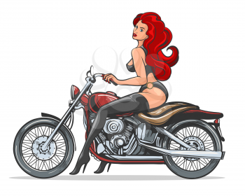Beautiful girl in leather clothes sitting on a motorcycle draw in retro style isolated on white background. Vector illustration