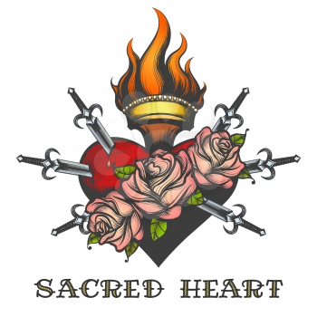 Sacred Heart piersed by swords drawn in tattoo style. Vector illustration