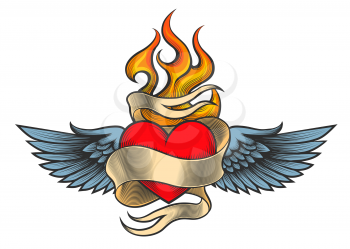 Flaming heart with wings and ribbon drawn in retro tattoo style. Vector illustration.