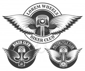 Set of biker club emblems with winged pistons. Elements for motorwork, biker, custom garage theme. Vector illustration.