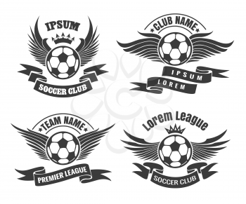 Set of Soccer Football Badge label Design with winged Balls. Sport Team Identity isolated on white background. Vector Illustration. 