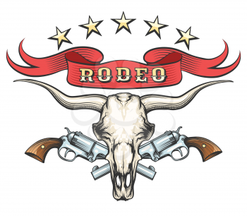 Bull skull with pair of revolvers and ribbon with wording Rodeo drawn in tattoo style. Vector illustration