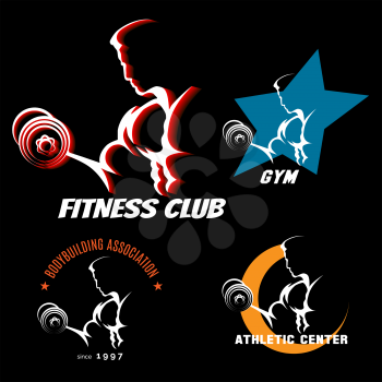 Body building emblem set with athletic man intensive training. Vector illustration