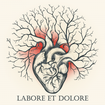 Human heart with tree branches drawn in tattoo style. Vector illustration.