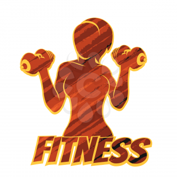 Athletic Woman Silhouette with Dumbbels. Fitness Emblem or Print shirt template with grunge pattern. Vector illustration.