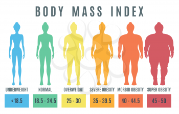 Female Body mass index from underweight to super obesity. Woman silhouettes with different weight. Vector illustration 