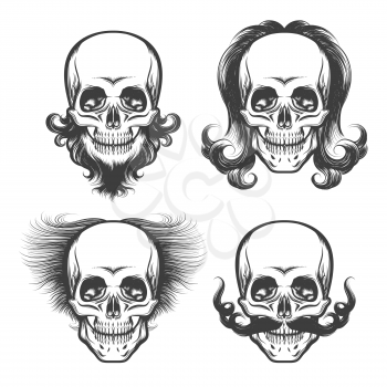Set of Skulls with various haircut, beard and mustache. Vector illustration drawn in tattoo style
