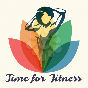 Bodybuilding or fitness club design with silhouette of woman and motivational wording Time to Fitness. Vector illustration.