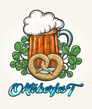 Oktoberfest Emblem with Beer mug and pretzel. Vector illustration.