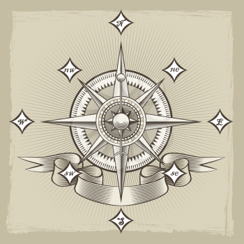 Retro compass rose drawn in engraving style. Vector illustration.