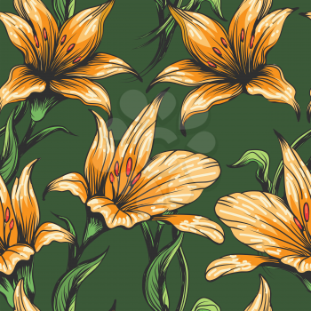 Orchids Seamless pattern drawn in retro style. Vector Illustration.
