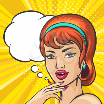 Beautiful woman with red hair and speech bubble for your text. Vector illustration in pop art retro comic style.
