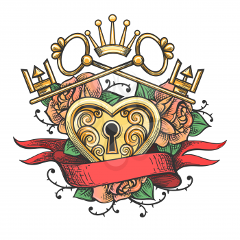 Heart Shape Lock in rose flowers with Keys and Crown. Vector illustration in tattoo style.