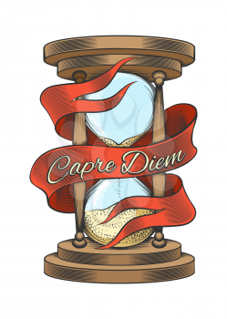 Hourglass with ribbon and wording Capre Diem means Seize the day. Colorful hand drawn vector illustration in engraving style isolated on white background.