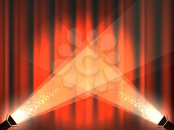 Theater or cinema stage red curtain with spot lights. Background with empty space for your message. Vector illustration.