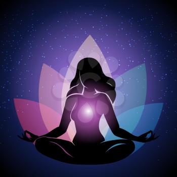 Human silhouette in Yoga pose with lotus flower and night sky on background. Vector illustration. 