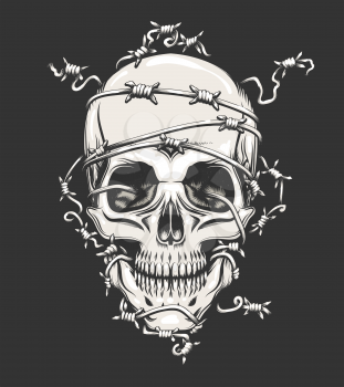 Human Skull in barbed wire drawn in tattoo style. Vector illustration.