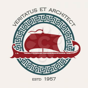 Docking or Shipyard Company Emblem with Ancient Greek ship Galley and meander Circle. Vector Illustration.