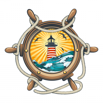 Ship wheel with lighthouse and seascape inside. Vector illustration.