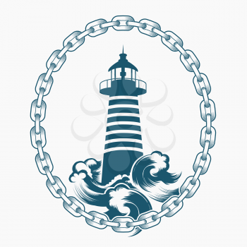 Vintage Lighthouse emblem drawn in Engraving style. Lighthouse and waves in circle of marine chains. Vector illustration.