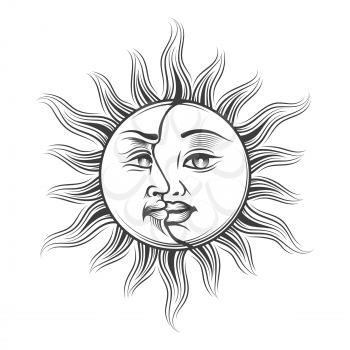 Hand Drawn Sun and Moon with human faces in engraving style. Medieval Occult Astrology symbol. Vector Illustration.