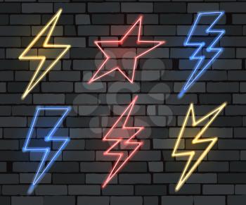 Neon lightning bolt sign set. Glowing electric flash and thunderbolt electricity power icons. Vector illustration.