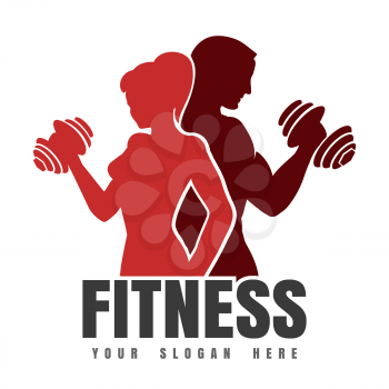 Silhouettes of Athletic Man and Woman with dumbbels. Fitness club Logo or Emblem. Vector illustration.