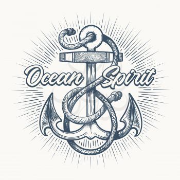 Nautical Anchor with rope and wording Ocean Spirit. Hand Drawn Sketch in Tattoo style.Vector illustration