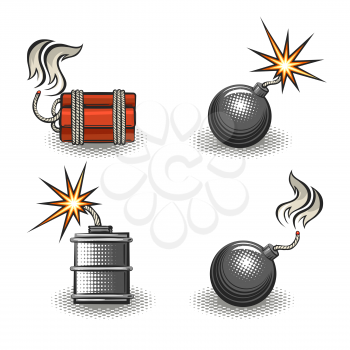 Cartoon Bomb Emblem Set drawn in cartoon style. Vector illustration.