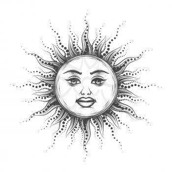 Medieval Esoteric Emblem of Sun with Human face Drawn in Vintage Engraving Style. Vector illustration.