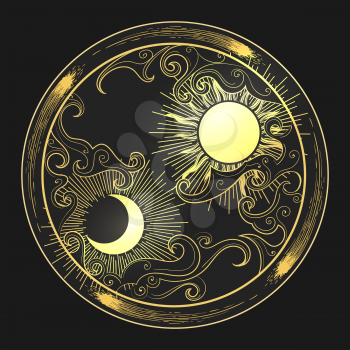 Hand drawn decorative graphic design element in oriental style. Sun, Moon, clouds and comets. Vector illustration.