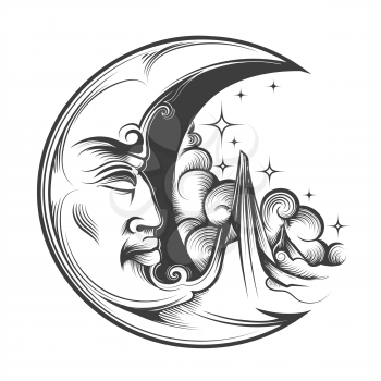 Crescent Moon with face Esoteric Symbol Engraving tattoo. Vector Illustration.