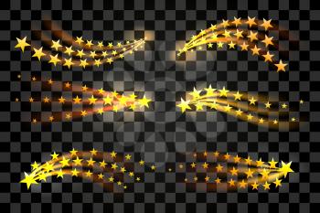 Set of Cartoon glow light effect star trails on transparent background. Vector illustration.