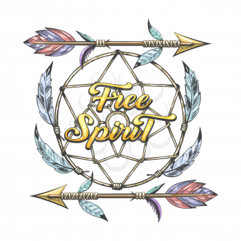 Hand drawn illustration of dream catcher and arrows with lettering Free Spirit. Native American Tribal Theme Tattoo. Vector illustration.