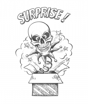 A Skull on a spring  jumps out of box. Isolated on a white background. Unexpected surprise. Vector Illustration