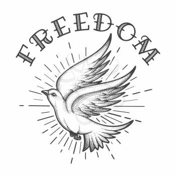 Flying Dove in the Sky with handmade Lettering Freedom Tattoo. Vector Illustration.