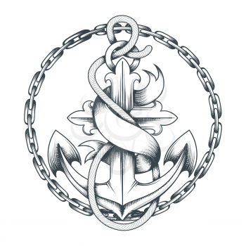 Tattoo of Anchor with ribbon and chains drawn in engraving style. Vector illustration.