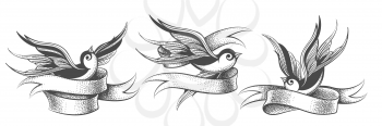 Set of Swallows with ribbon isolated on white.Vintage style for Tattoo design. Vector illustration