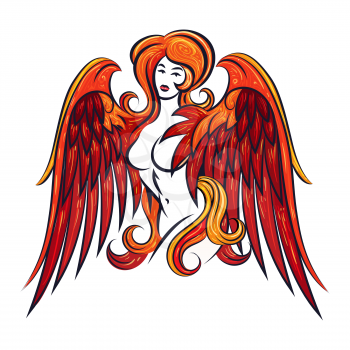 Naked Girl with Red Phoenix Wings drawn inTattoo Style. Vector illustration.