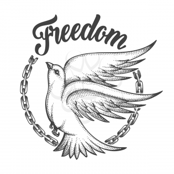 Freedom dove with broken chain and wording Freedom. Freedom concept Tattoo on white background. Vector illustration