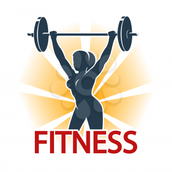 Woman silhouette with barbell. Fitness exercises concept. Fitness center or Gym emblem. Isolated on white vector illustration.