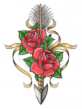 Colorful Tattoo of Two Rose Flowers Pierced by Indian Arrow isolated on white. Vector illustration. 