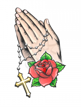 Tattoo of Praying hands with Cross and Rose Fower. Vector illustration