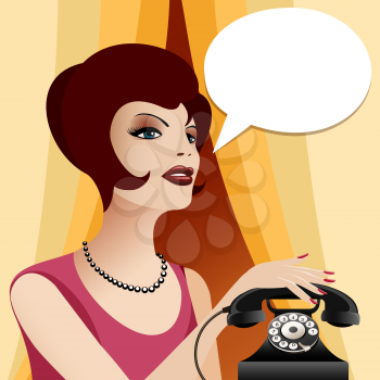 Woman in vintage clothes and pearl necklace with retro phone. Empty think bubble for your text.