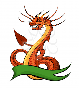 Red dragon and green ribbon for your text isolated on white. Illustration in cartoon style.